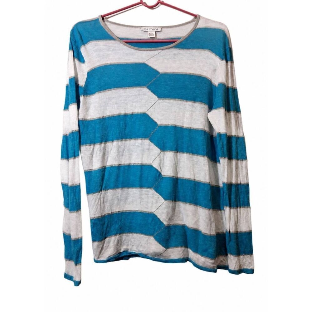 Belford womens large linen cotton blue white gauzy top boat neck